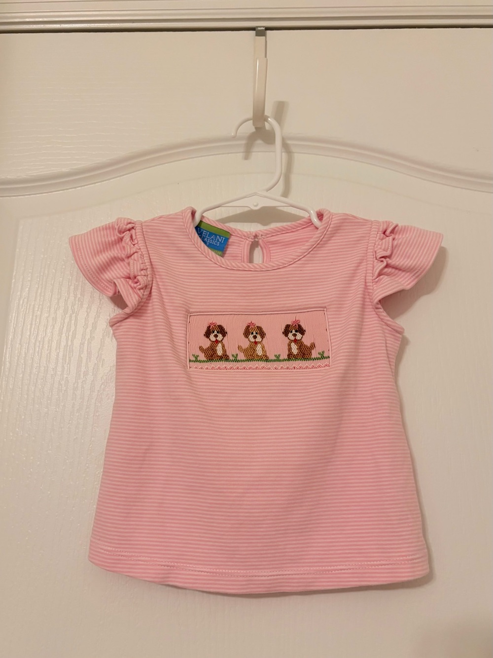 Pink Striped Puppy Smocked Short Sleeve Top